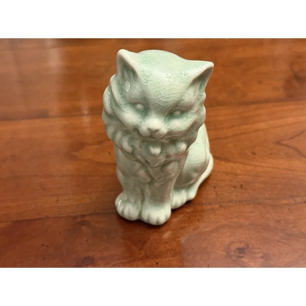 Vintage Light Green Celadon Ceramic Cat w/h Glazed Crackle Finish